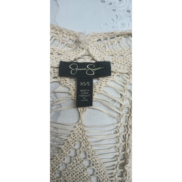 Jessica Simpson XS Oversized Fringed Duster Creme Ribbed Knit Boho Cowgirl - Picture 4 of 9